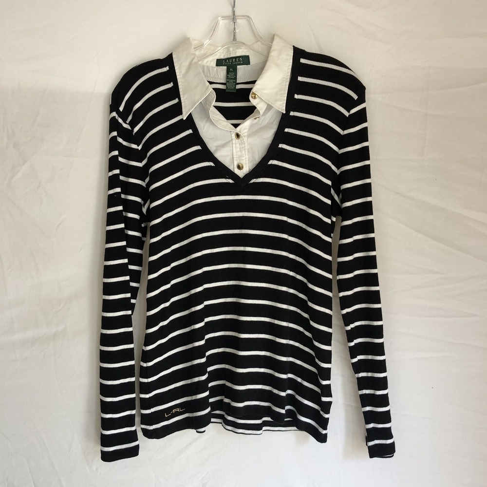 Lauren Ralph Lauren Sweater Womens XL Black Stripe V Neck Collared Pullover
